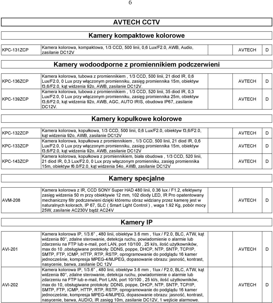 0, 0 Lux przy włączonym promienniku, zasięg promiennika 15m, obiektyw f3,6/f2.0, kąt widzenia 92o, AWB, zasilanie C12V.