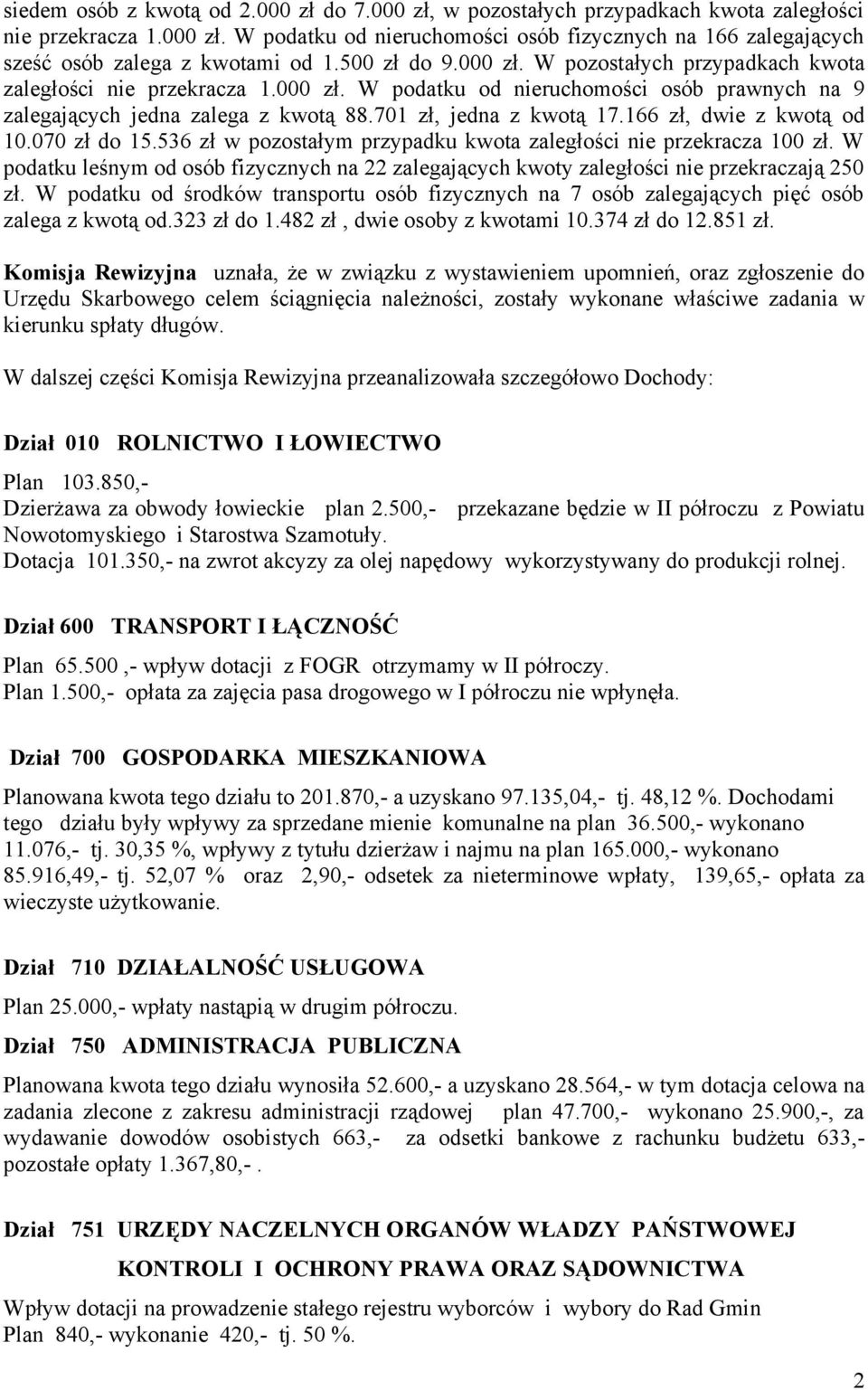 166 zł, dwie z kwotą od 10.070 zł do 15.536 zł w pozostałym przypadku kwota zaległości nie przekracza 100 zł.