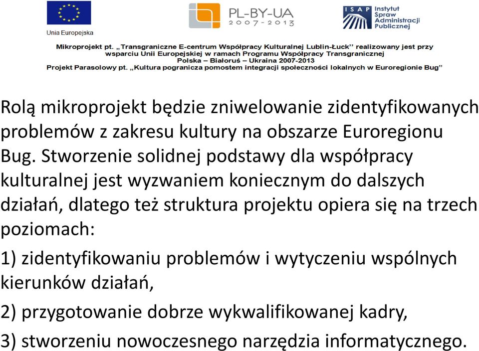 też struktura projektu opiera się na trzech poziomach: 1) zidentyfikowaniu problemów i wytyczeniu wspólnych