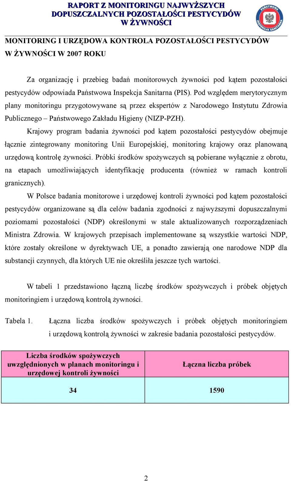 Krajowy program badania żywności pod kątem pozostałości pestycydów obejmuje łącznie zintegrowany monitoring Unii Europejskiej, monitoring krajowy oraz planowaną urzędową kontrolę żywności.