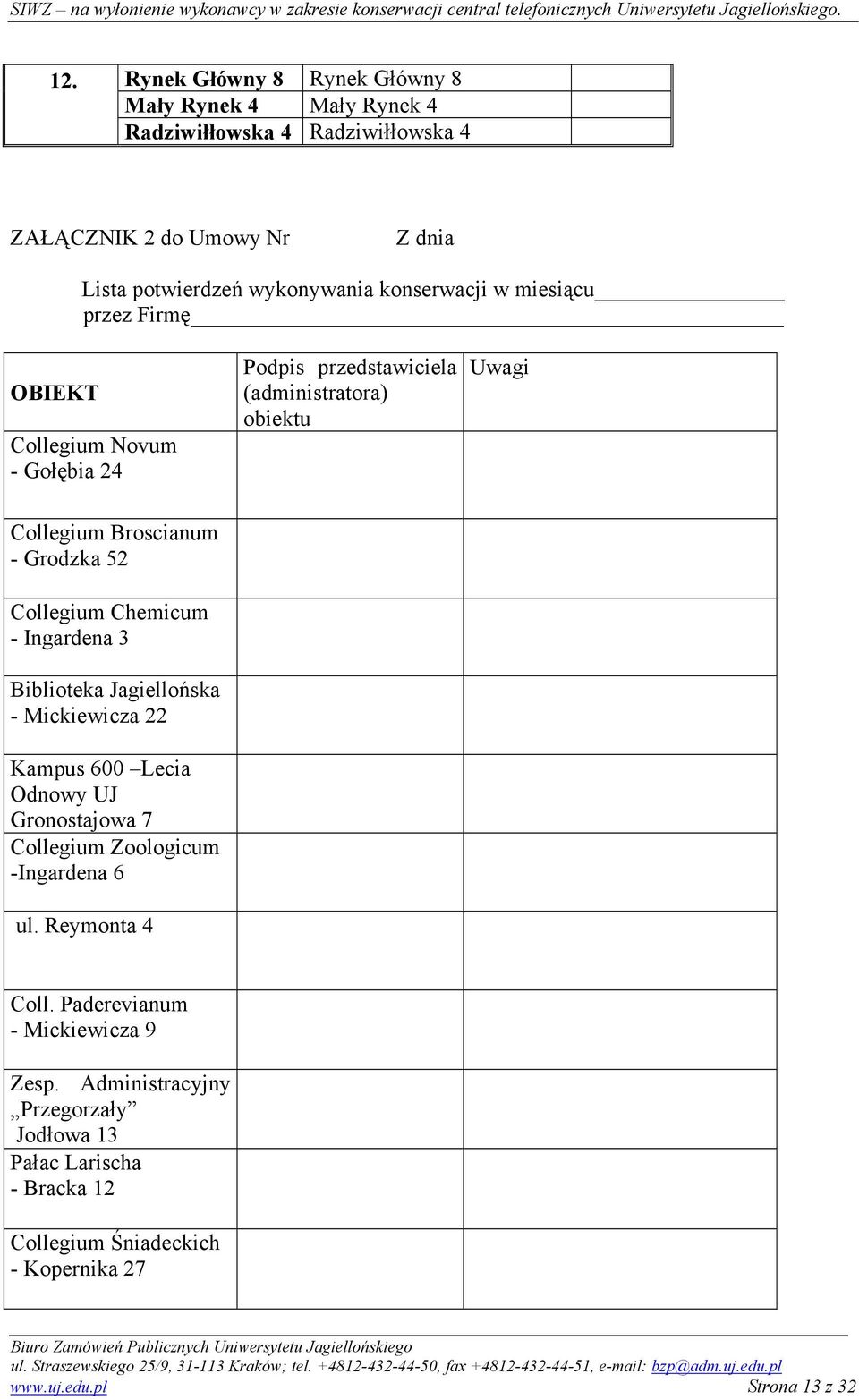 Collegium Chemicum - Ingardena 3 Biblioteka Jagiellońska - Mickiewicza 22 Kampus 600 Lecia Odnowy UJ Gronostajowa 7 Collegium Zoologicum -Ingardena 6 ul.