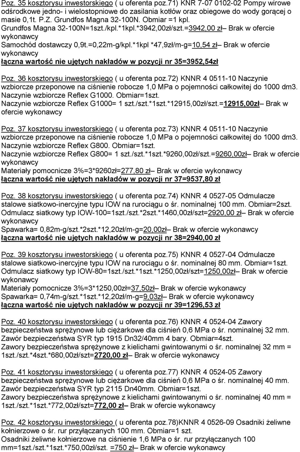 *1kpl *47,9zł/m-g=10,54 zł Brak w ofercie łączna wartość nie ujętych nakładów w pozycji nr 35=3952,54zł Poz. 36 kosztorysu inwestorskiego ( u oferenta poz.
