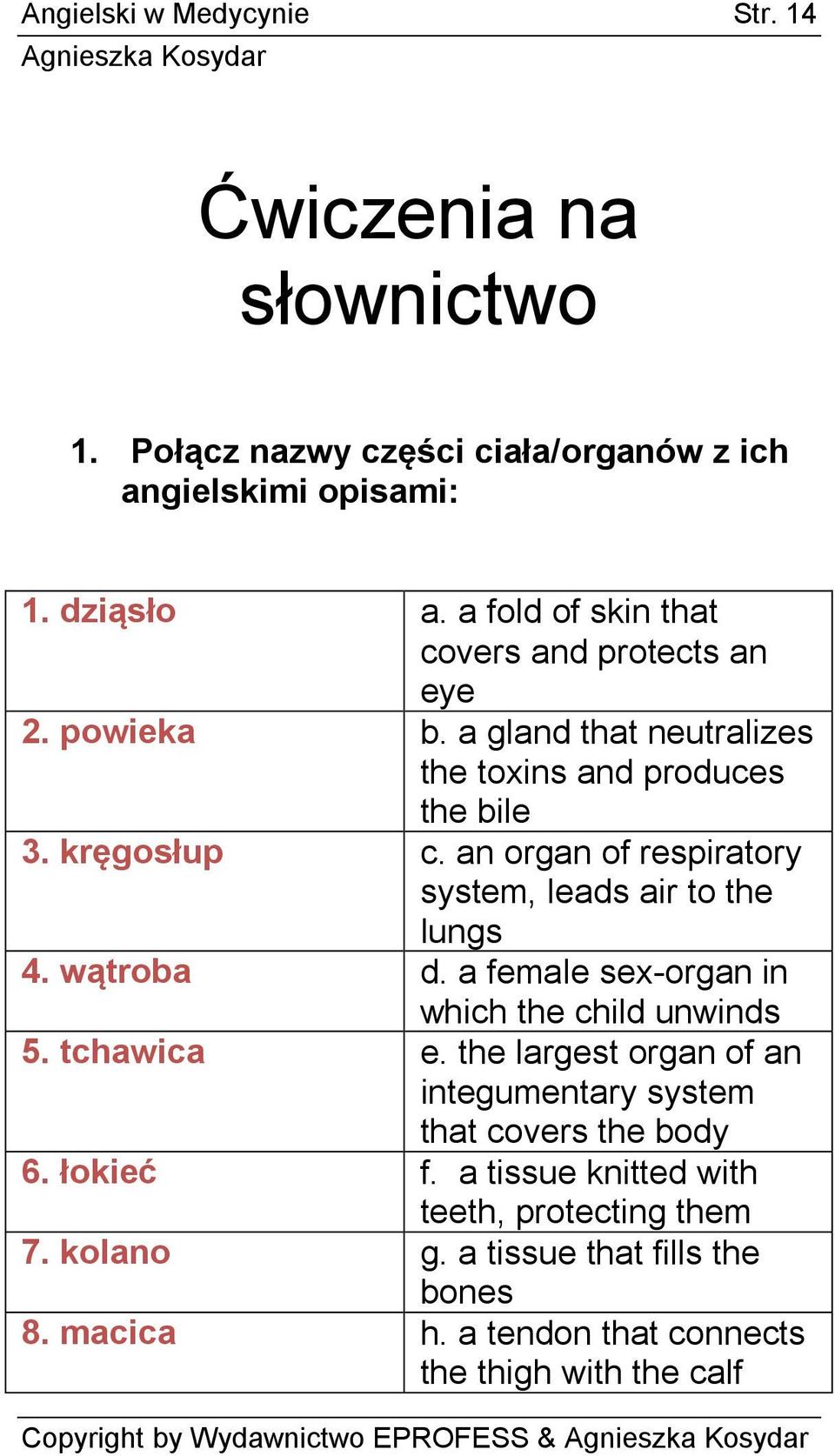 an organ of respiratory system, leads air to the lungs 4. wątroba d. a female sex-organ in which the child unwinds 5. tchawica e.