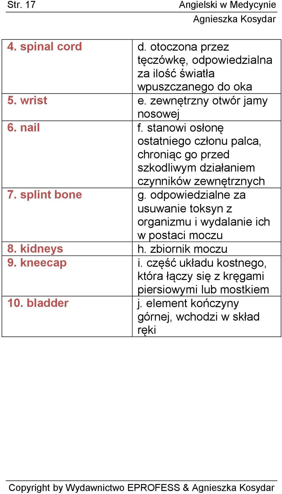stanowi osłonę ostatniego członu palca, chroniąc go przed szkodliwym działaniem czynników zewnętrznych 7. splint bone g.