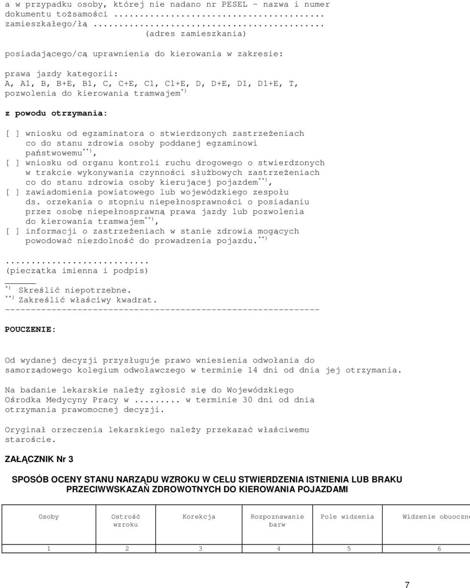 powodu otrzymania: [ ] wniosku od egzaminatora o stwierdzonych zastrzeŝeniach co do stanu zdrowia osoby poddanej egzaminowi państwowemu **), [ ] wniosku od organu kontroli ruchu drogowego o