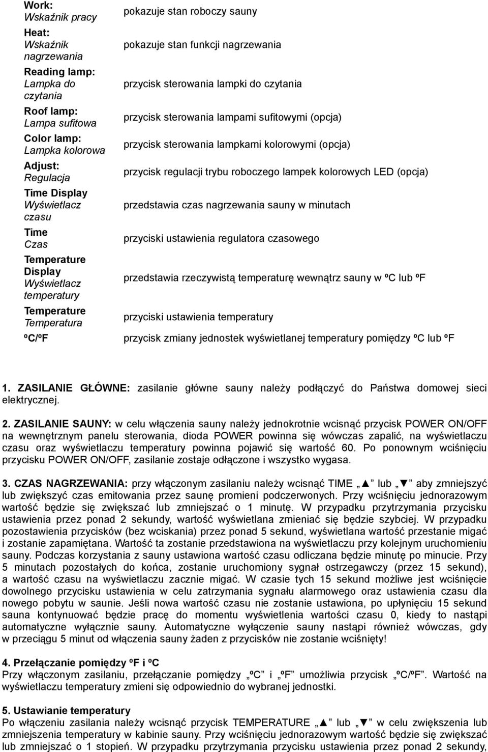 sufitowymi (opcja) przycisk sterowania lampkami kolorowymi (opcja) przycisk regulacji trybu roboczego lampek kolorowych LED (opcja) przedstawia czas nagrzewania sauny w minutach przyciski ustawienia