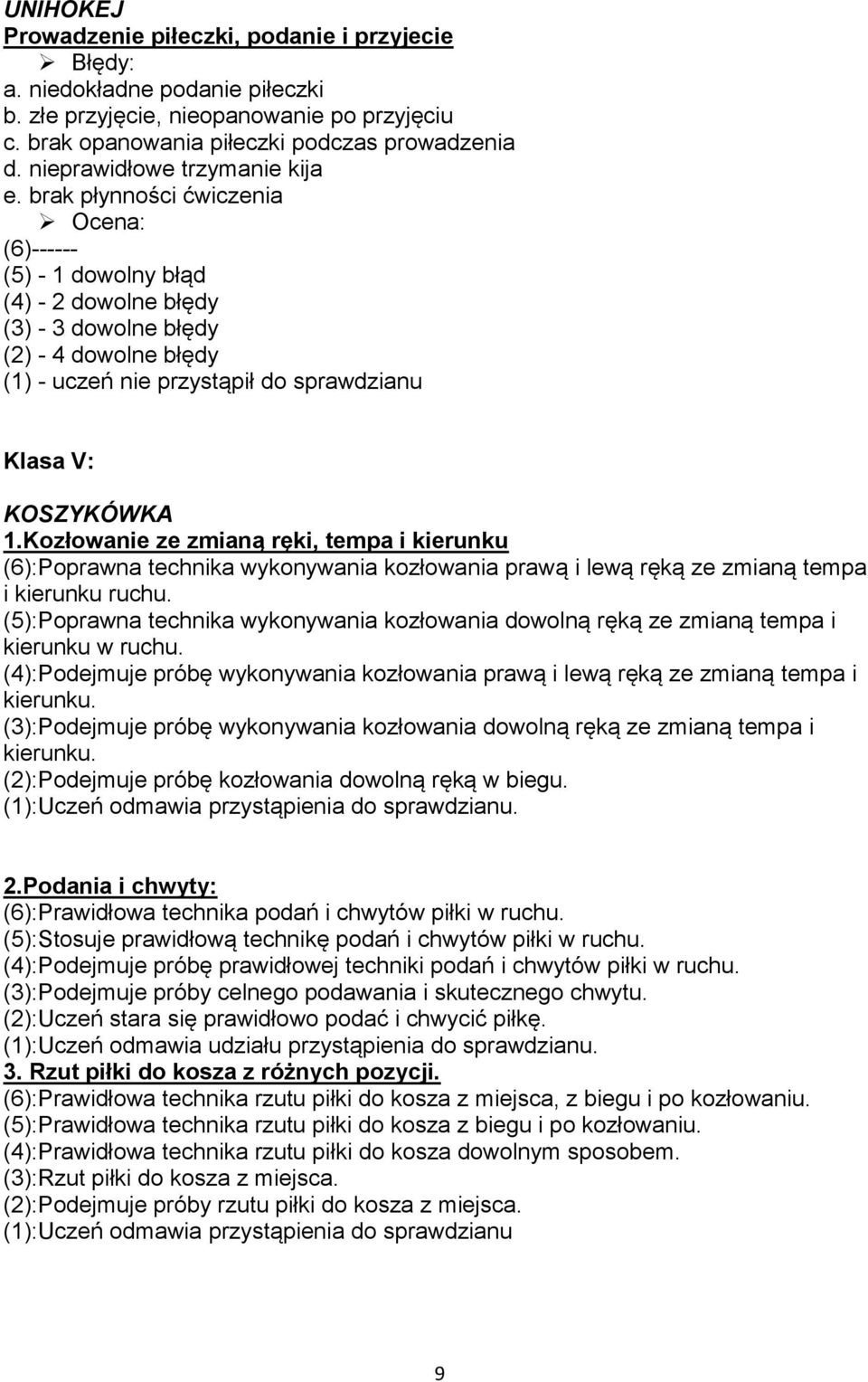 brak płynności ćwiczenia (6)------ (5) - 1 dowolny błąd (4) - 2 dowolne błędy (3) - 3 dowolne błędy (2) - 4 dowolne błędy (1) - uczeń nie przystąpił do sprawdzianu Klasa V: KOSZYKÓWKA 1.