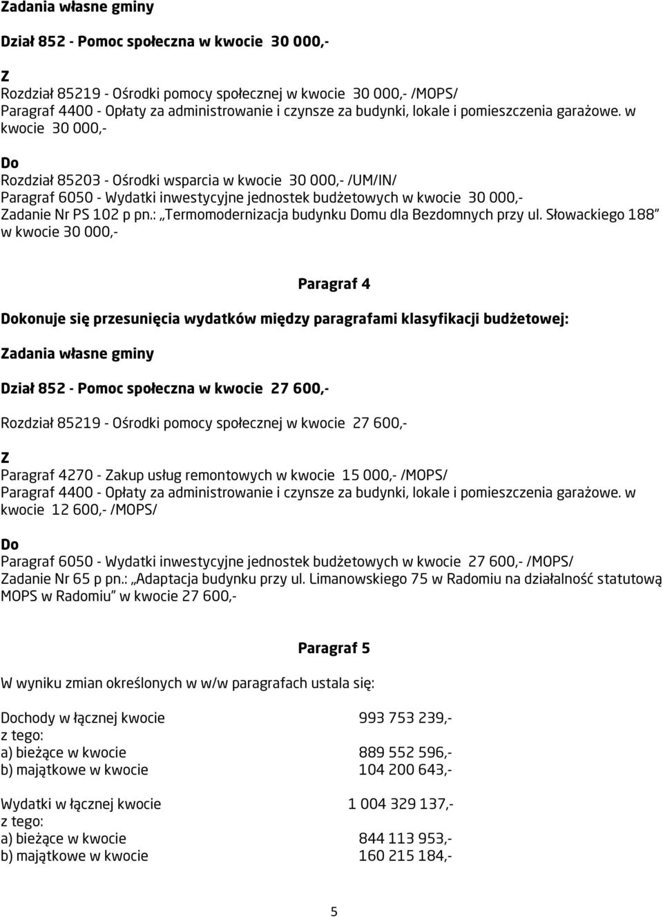 w kwocie 30 000,- Rozdział 85203 - Ośrodki wsparcia w kwocie 30 000,- /UM/IN/ Paragraf 6050 - Wydatki inwestycyjne jednostek budżetowych w kwocie 30 000,- adanie Nr PS 102 p pn.