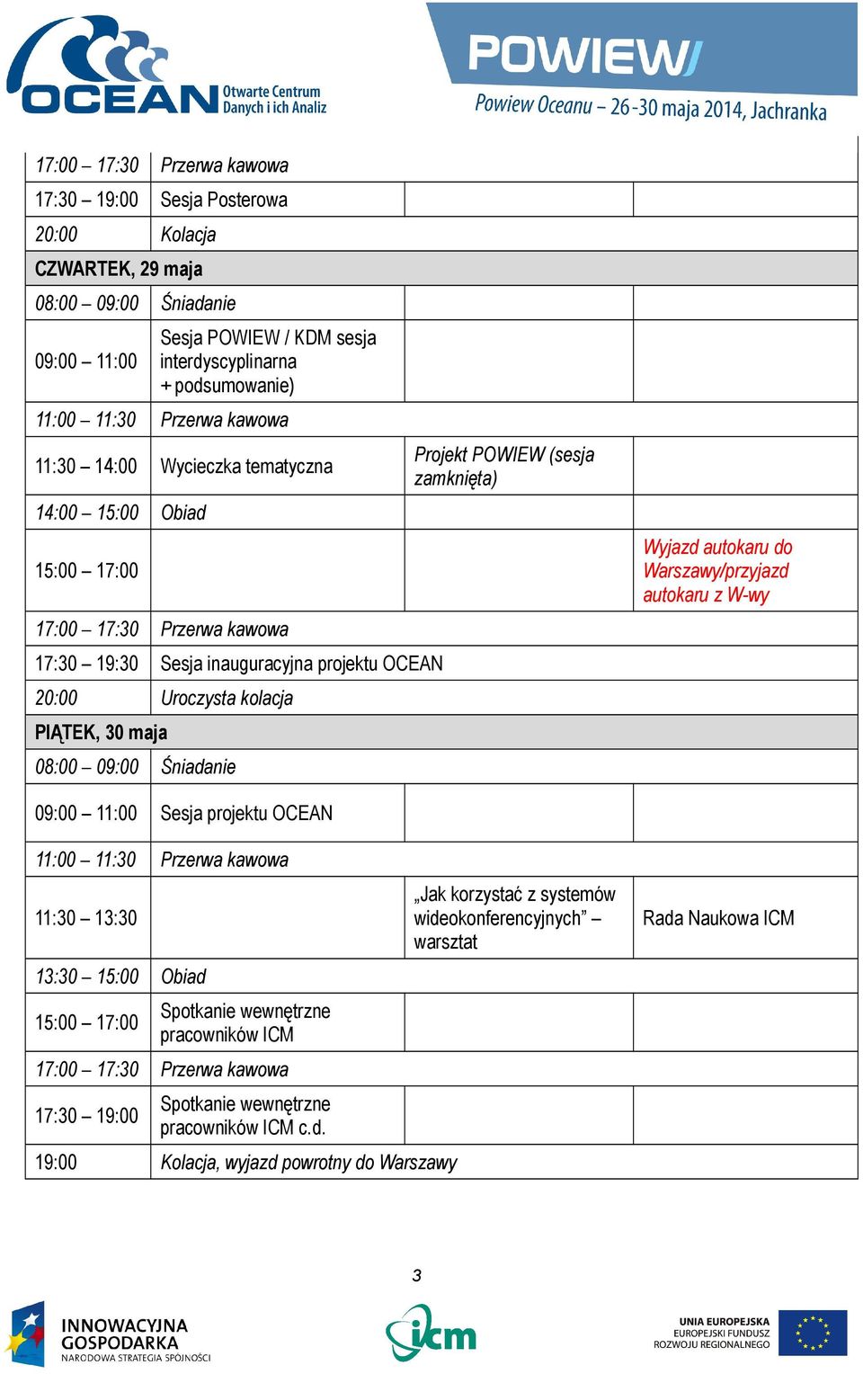 09:00 Śniadanie Projekt POWIEW (sesja zamknięta) Wyjazd autokaru do Warszawy/przyjazd autokaru z W-wy 09:00 11:00 Sesja projektu OCEAN 11:00 11:30 Przerwa kawowa 11:30 13:30 13:30 15:00 Obiad 15:00