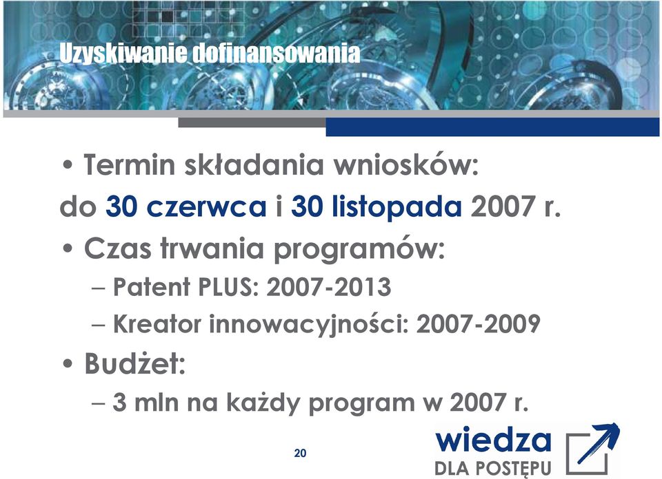 Czas trwania programów: Patent PLUS: 2007-2013