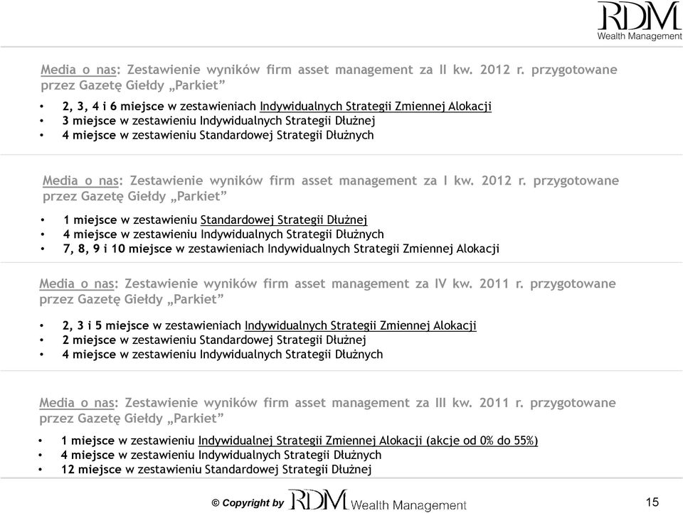 zestawieniu Standardowej Strategii Dłużnych Media o nas: Zestawienie wyników firm asset management za I kw. 2012 r.