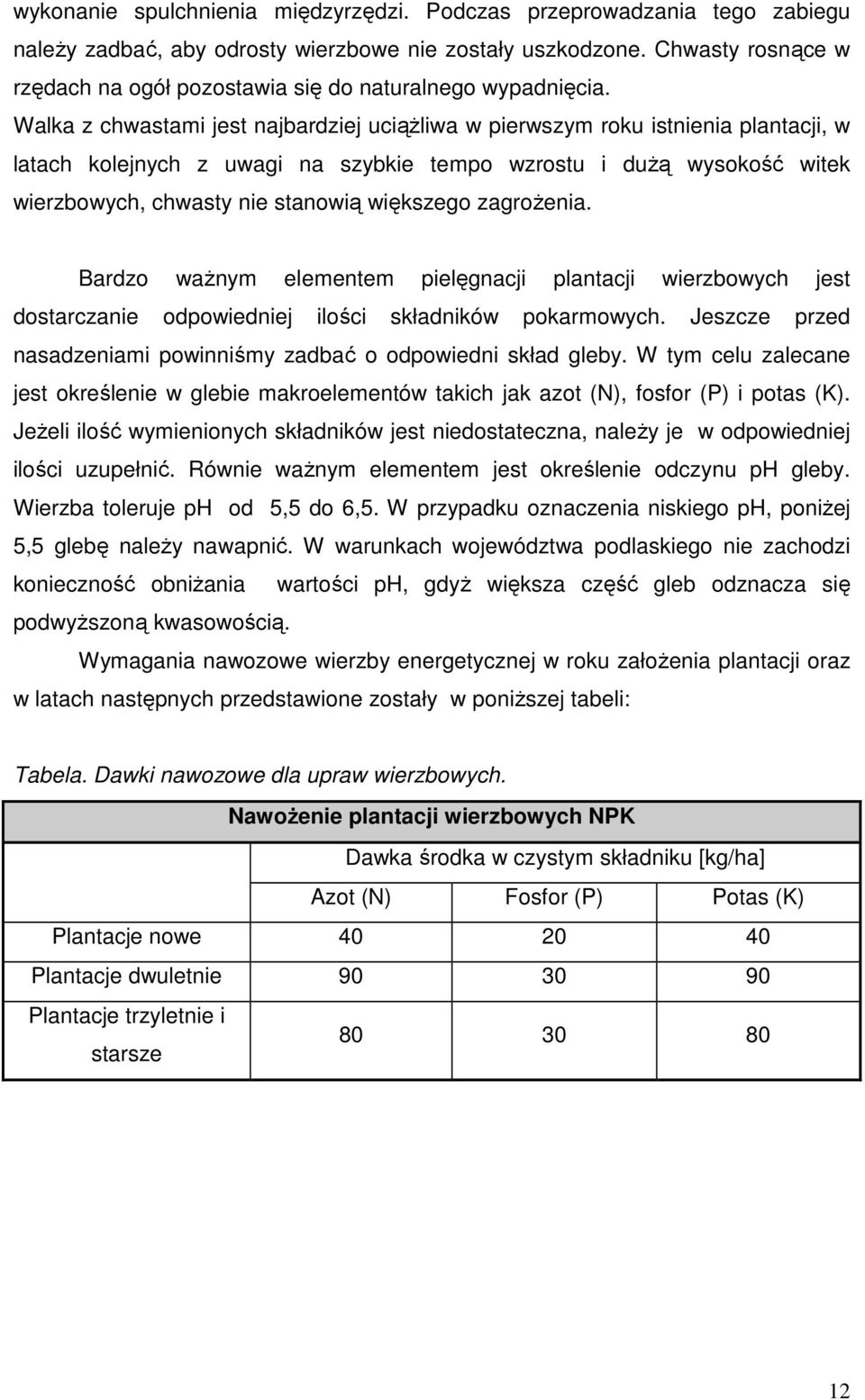 Walka z chwastami jest najbardziej uciąŝliwa w pierwszym roku istnienia plantacji, w latach kolejnych z uwagi na szybkie tempo wzrostu i duŝą wysokość witek wierzbowych, chwasty nie stanowią
