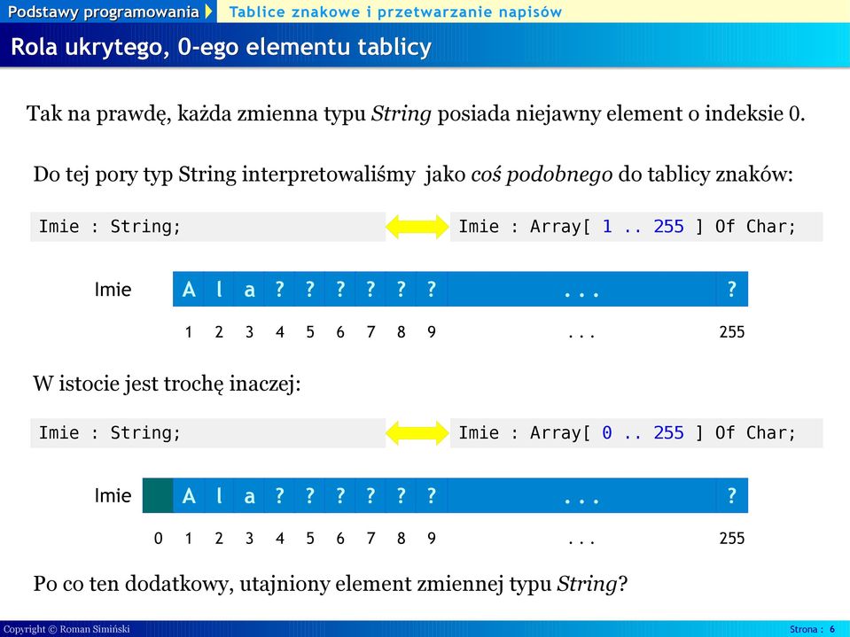 . 255 ] Of Char; Imie A l a??????? 1 2 3 4 5 6 7 8 9 255 W istocie jest trochę inaczej: Imie : String; Imie : Array[ 0.