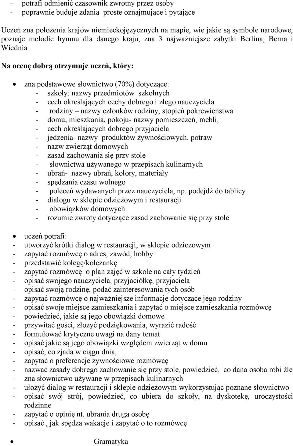 produktów żywnościowych, potraw - słownictwa używanego w przepisach kulinarnych - ubrań- nazwy ubrań, kolory, materiały - spędzania czasu wolnego - obowiązków domowych uczeń potrafi: - utworzyć