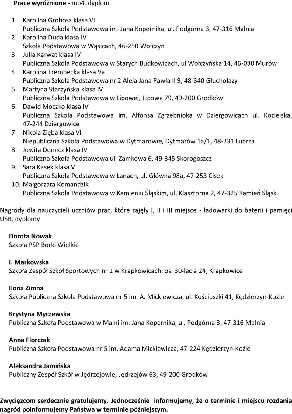 Karolina Trembecka klasa Va Publiczna Szkoła Podstawowa nr 2 Aleja Jana Pawła II 9, 48-340 Głuchołazy 5. Martyna Starzyńska klasa IV Publiczna Szkoła Podstawowa w Lipowej, Lipowa 79, 49-200 Grodków 6.