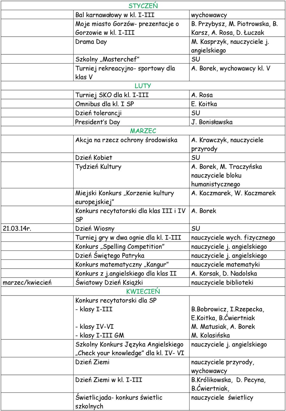 Bonisławska MARZEC Akcja na rzecz ochrony środowiska Dzień Kobiet Tydzień Kultury Miejski Konkurs Korzenie kultury europejskiej Konkurs recytatorski dla klas III i IV SP A.