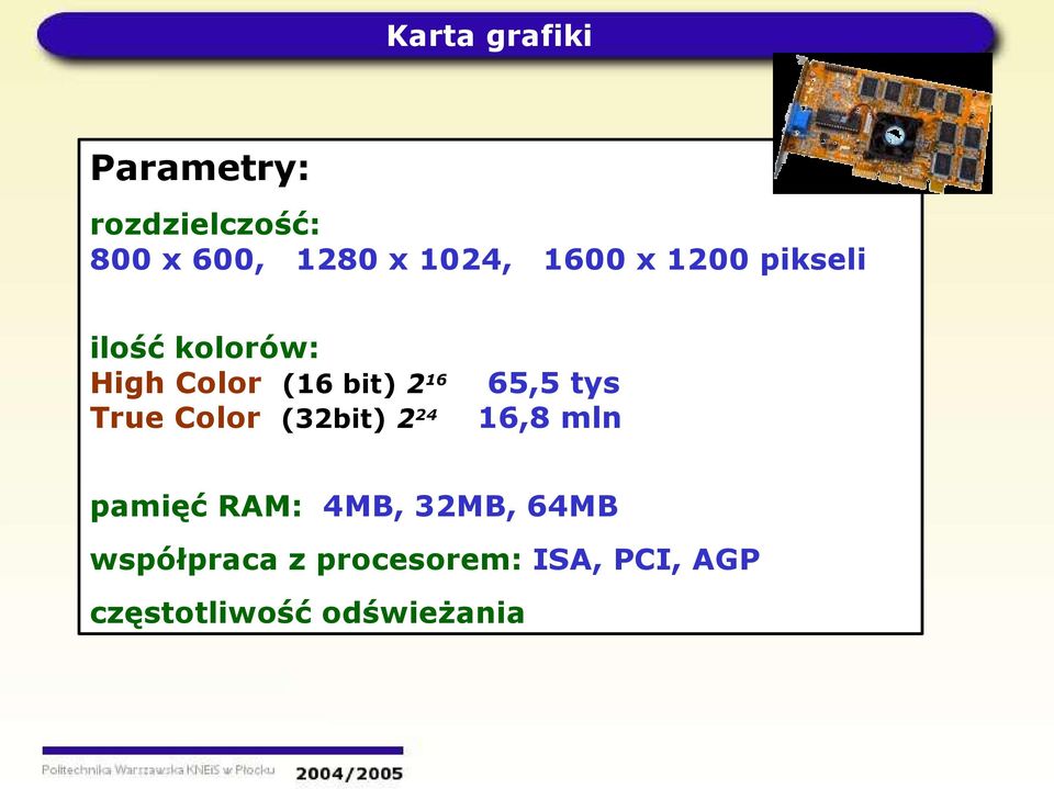 Color (32bit) 2 24 65,5 tys 16,8 mln pamięć RAM: 4MB, 32MB, 64MB