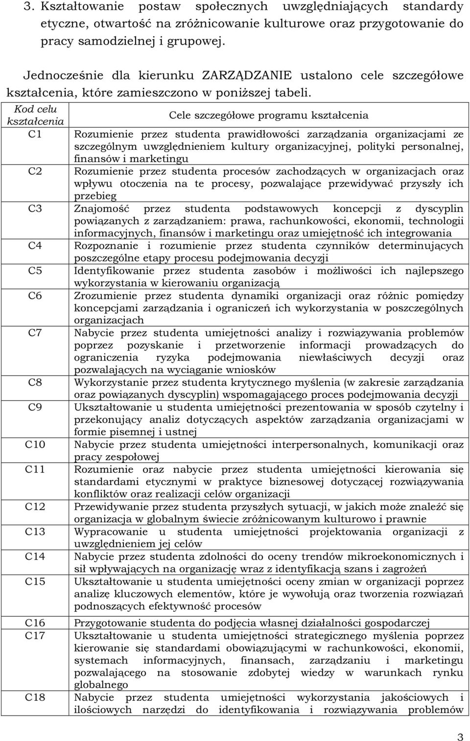 Kod celu kształcenia C1 C2 Cele szczegółowe programu kształcenia Rozumienie przez studenta prawidłowości zarządzania organizacjami ze szczególnym uwzględnieniem kultury organizacyjnej, polityki