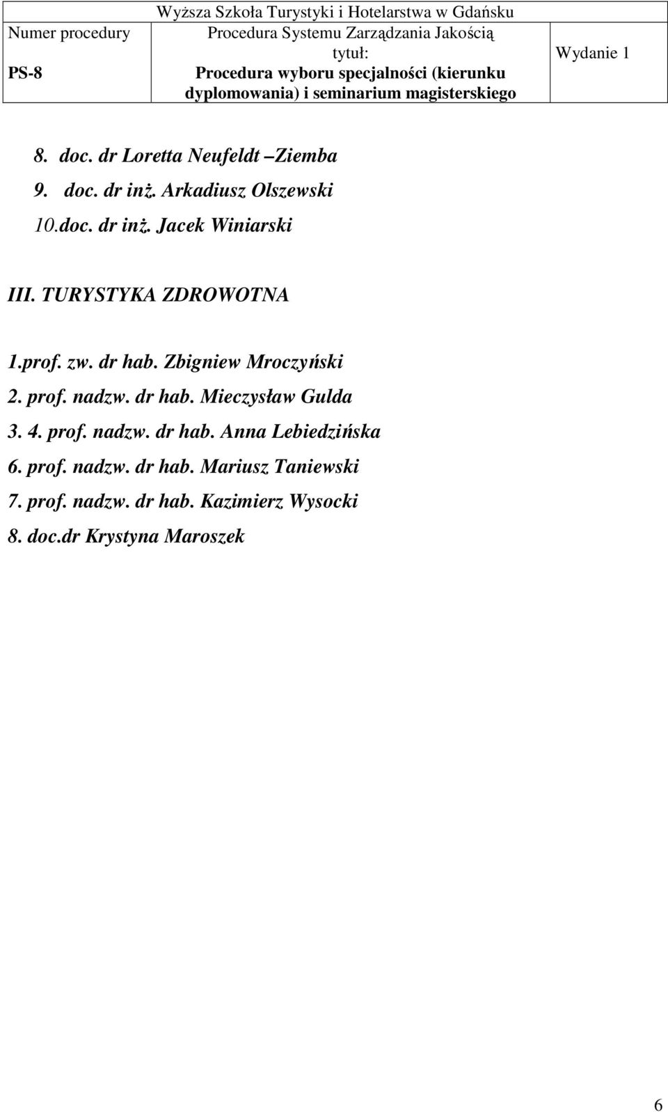 4. prof. nadzw. dr hab. Anna Lebiedzińska 6. prof. nadzw. dr hab. Mariusz Taniewski 7. prof. nadzw. dr hab. Kazimierz Wysocki 8.