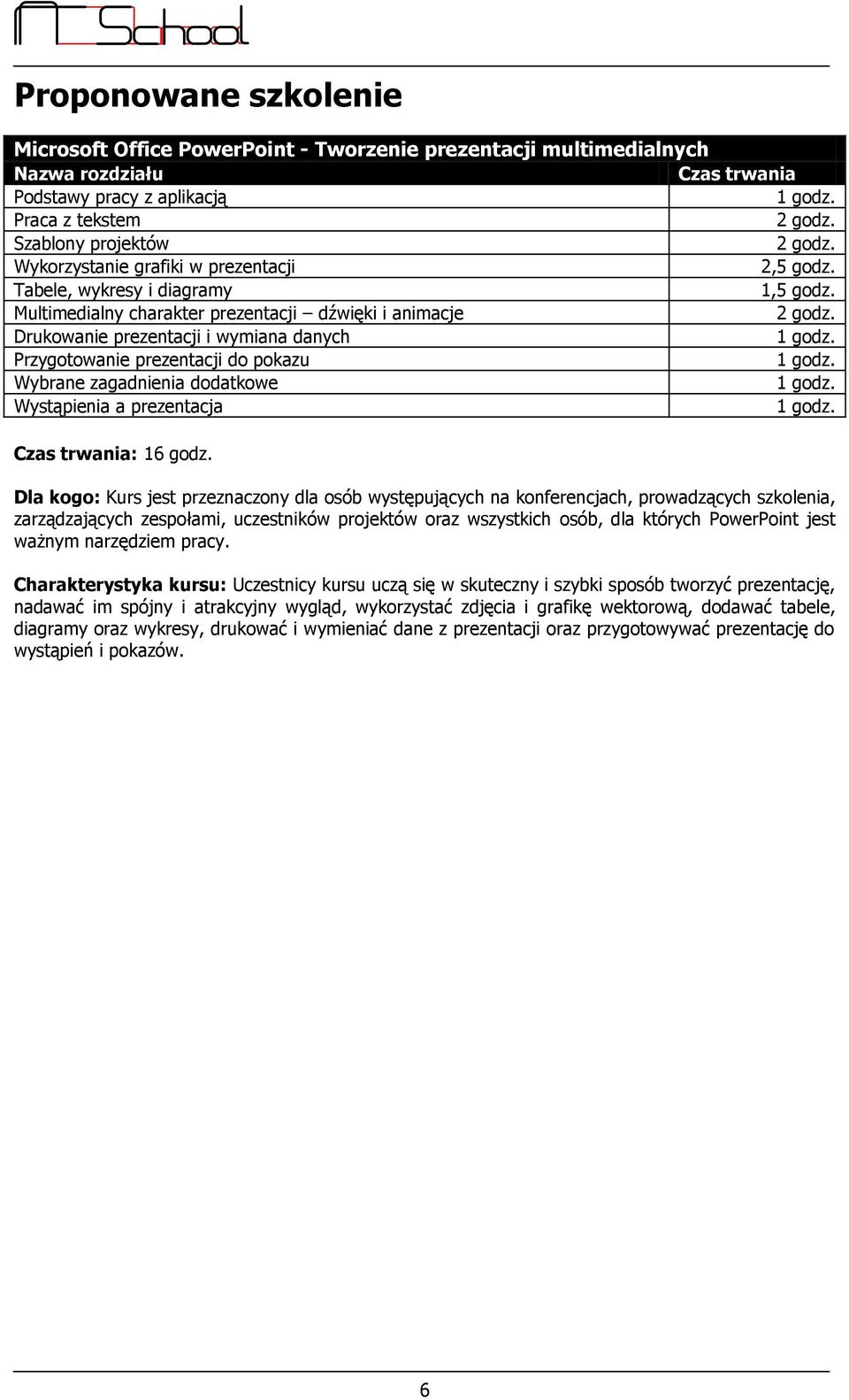 Drukowanie prezentacji i wymiana danych Przygotowanie prezentacji do pokazu Wybrane zagadnienia dodatkowe Wystąpienia a prezentacja Czas trwania: 16 godz.