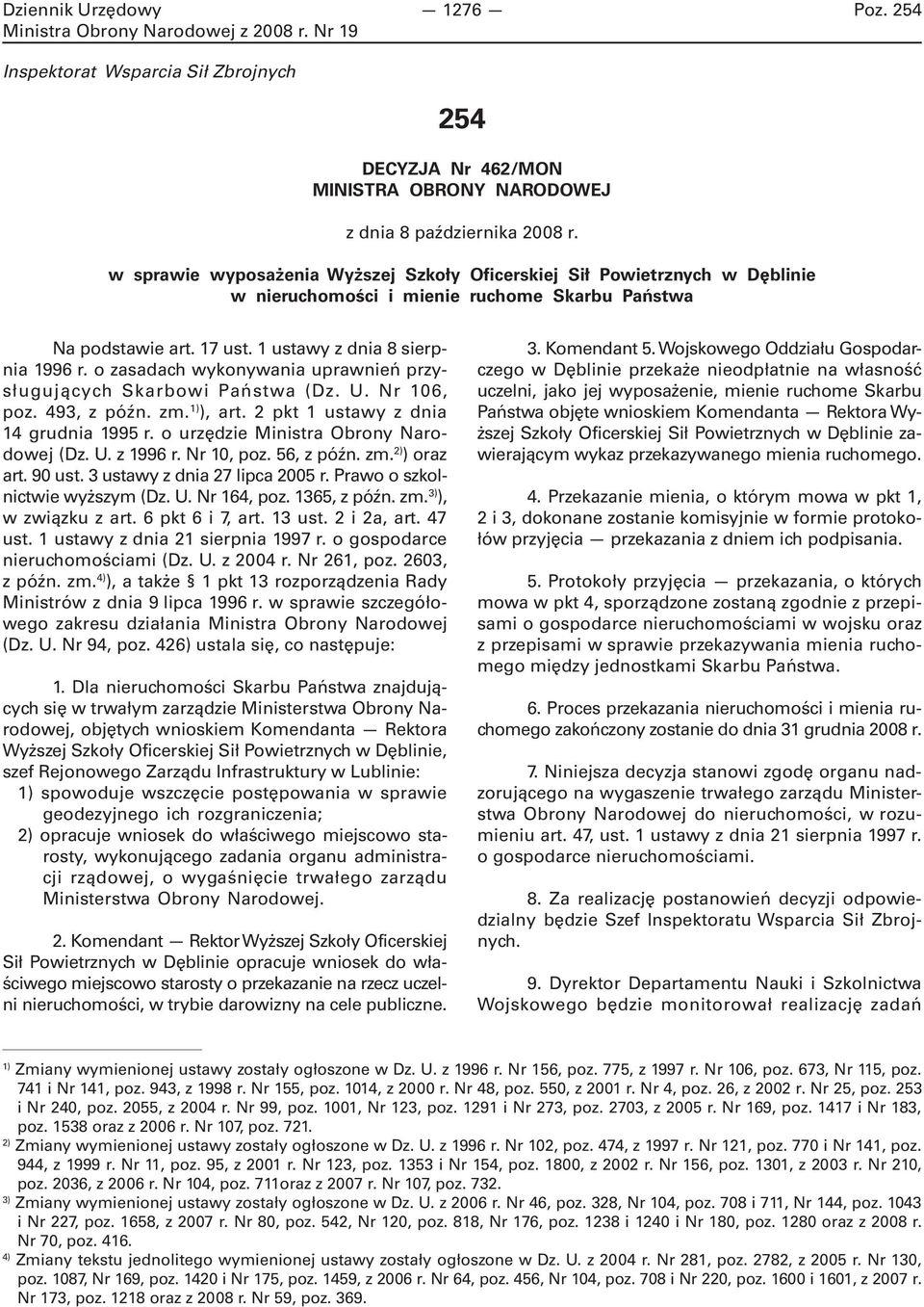 o zasadach wykonywania uprawnień przysługujących Skarbowi Państwa (Dz. U. Nr 106, poz. 493, z późn. zm. 1) ), art. 2 pkt 1 ustawy z dnia 14 grudnia 1995 r. o urzędzie Ministra Obrony Narodowej (Dz. U. z 1996 r.