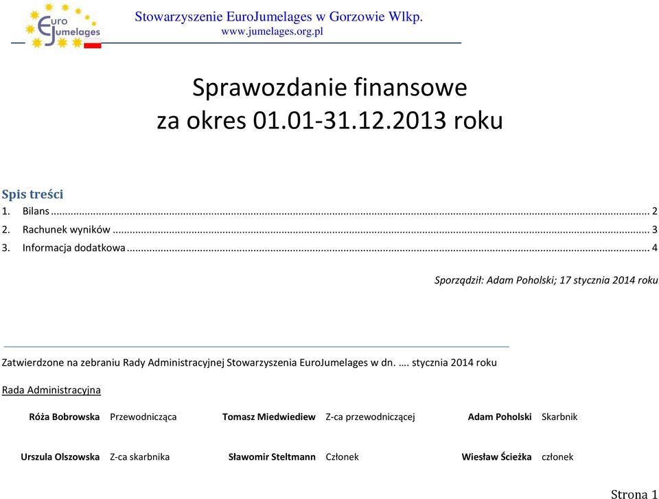 .. 4 Sporządził: Adam Poholski; 17 stycznia 2014 roku Zatwierdzone na zebraniu Rady Administracyjnej Stowarzyszenia
