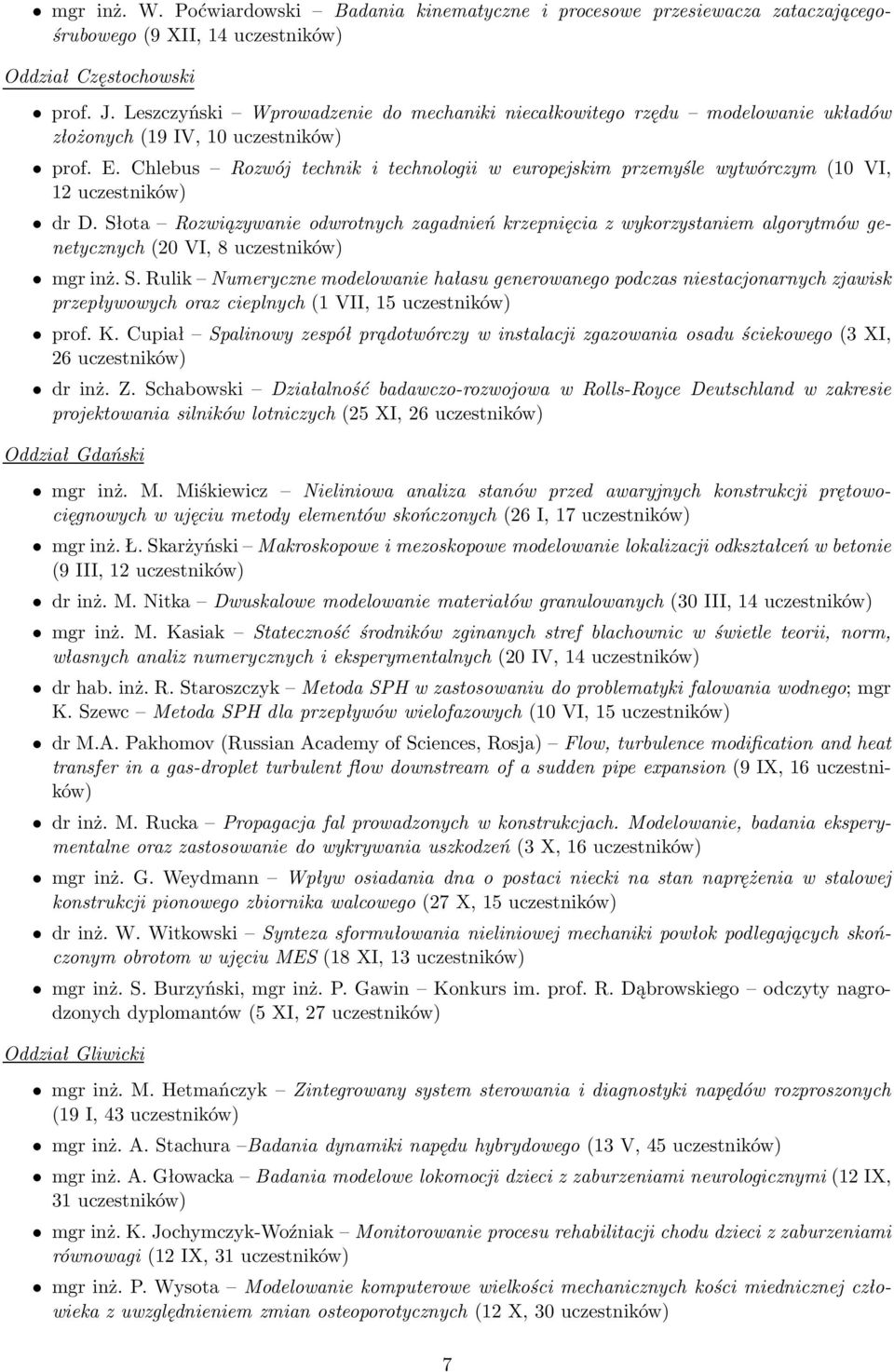 Chlebus Rozwój technik i technologii w europejskim przemyśle wytwórczym(10 VI, 12 uczestników) dr D.