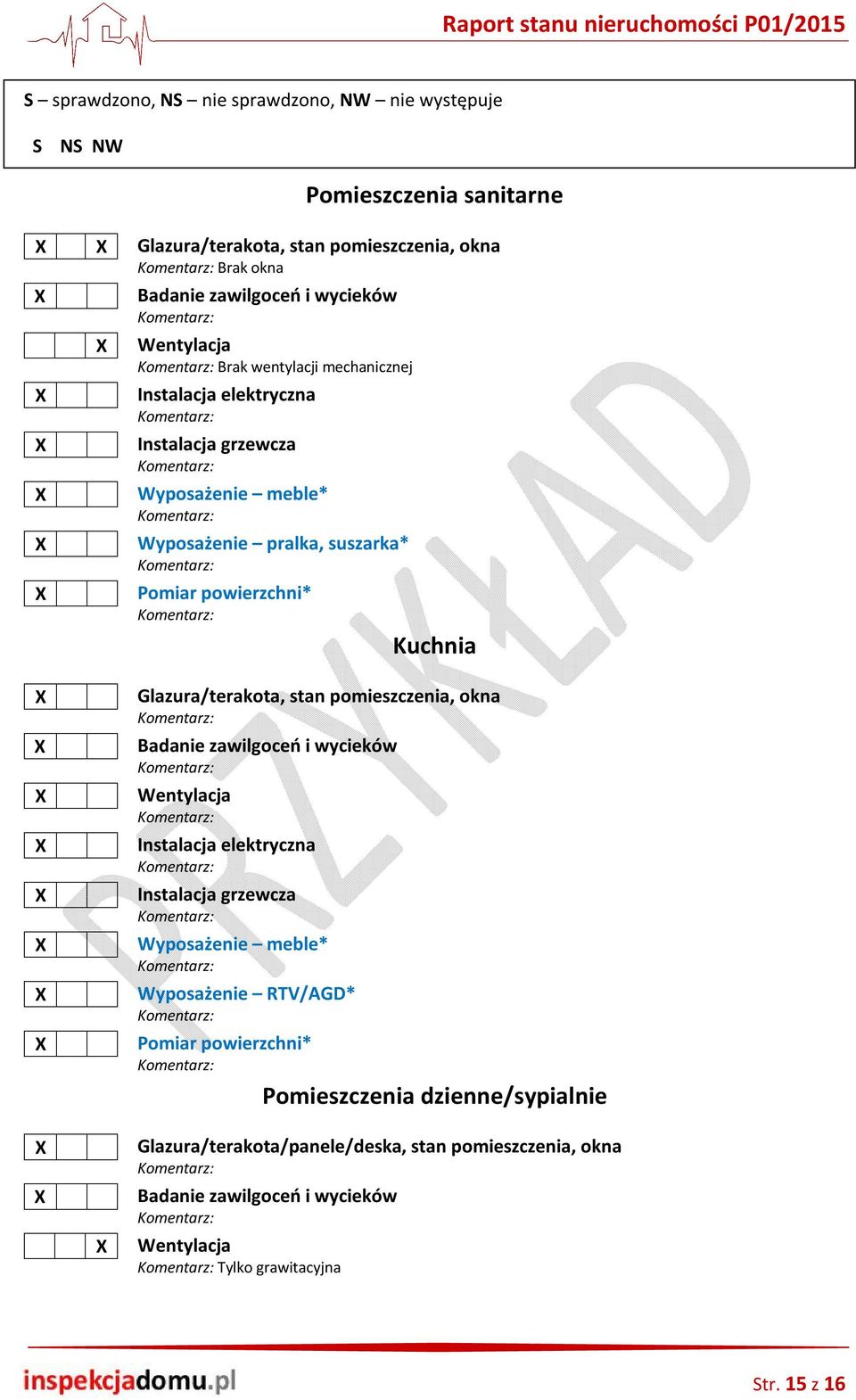 Glazura/terakota, stan pomieszczenia, okna Badanie zawilgoceń i wycieków Wentylacja Instalacja elektryczna Instalacja grzewcza Wyposażenie meble* Wyposażenie RTV/AGD*