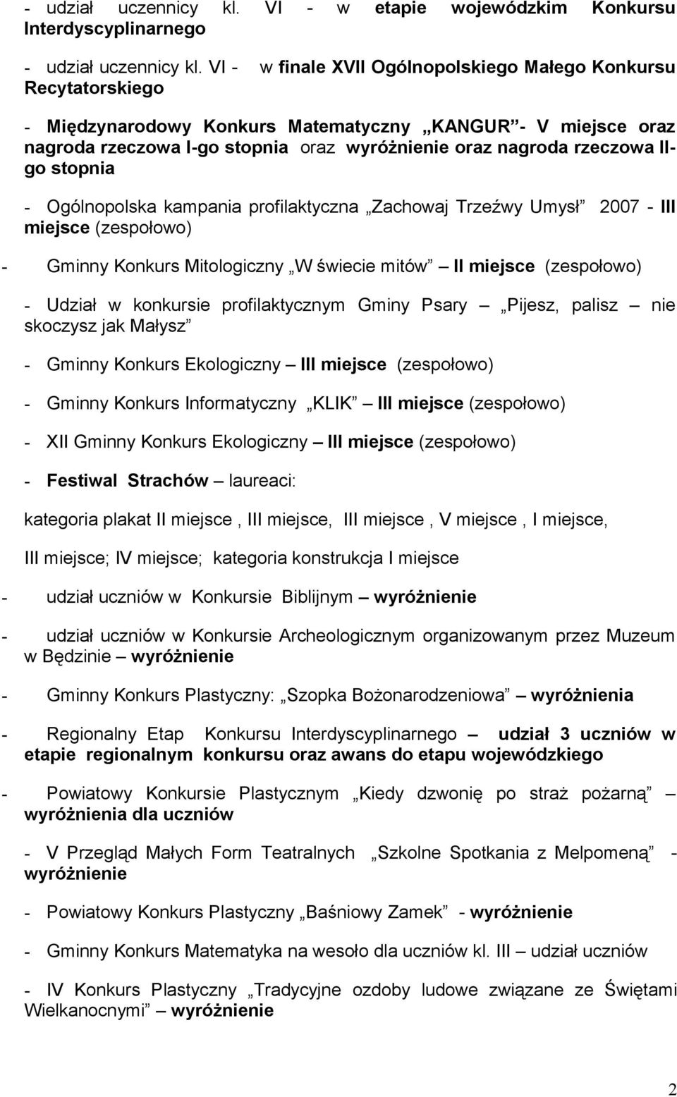 IIgo stopnia - Ogólnopolska kampania profilaktyczna Zachowaj Trzeźwy Umysł 2007 - III miejsce (zespołowo) - Gminny Konkurs Mitologiczny W świecie mitów II miejsce (zespołowo) - Udział w konkursie