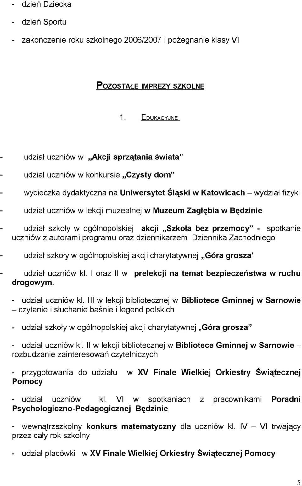 muzealnej w Muzeum Zagłębia w Będzinie - udział szkoły w ogólnopolskiej akcji Szkoła bez przemocy - spotkanie uczniów z autorami programu oraz dziennikarzem Dziennika Zachodniego - udział szkoły w