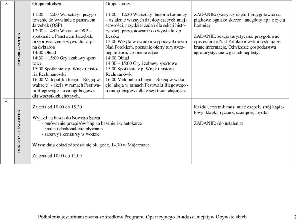 sportowe 15:00 Spotkanie z p. Wnęk i historia Rechmanówki 16:00 Małopolska biega Biegaj w wakacje! - akcja w ramach Festiwalu Biegowego - treningi biegowe dla wszystkich chętnych. Zajęcia od 10.