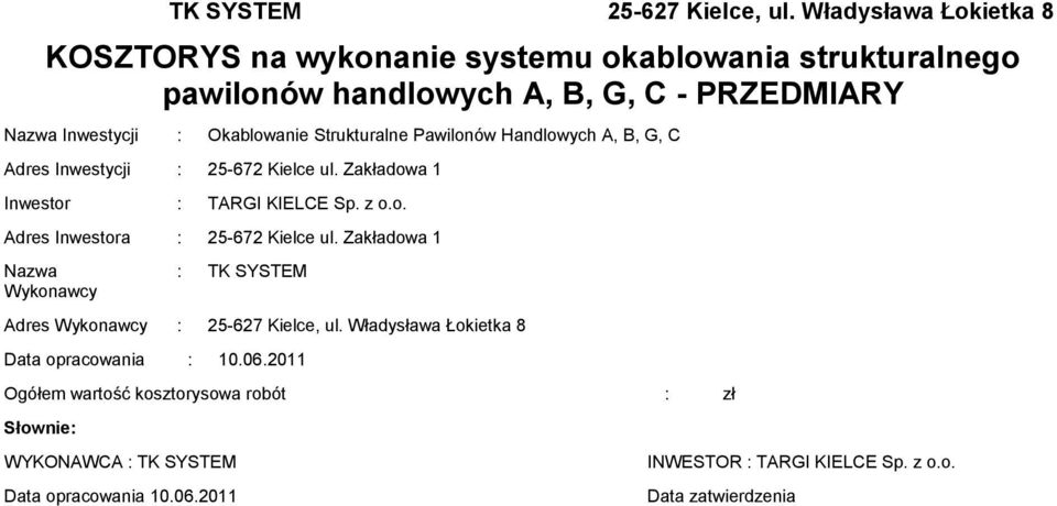 Strukturalne Pawilonów Handlowych A, B, G, C Adres Inwestycji : 25-672 Kielce ul. Zakładowa 1 Inwestor : TARGI KIELCE Sp. z o.o. Adres Inwestora : 25-672 Kielce ul.