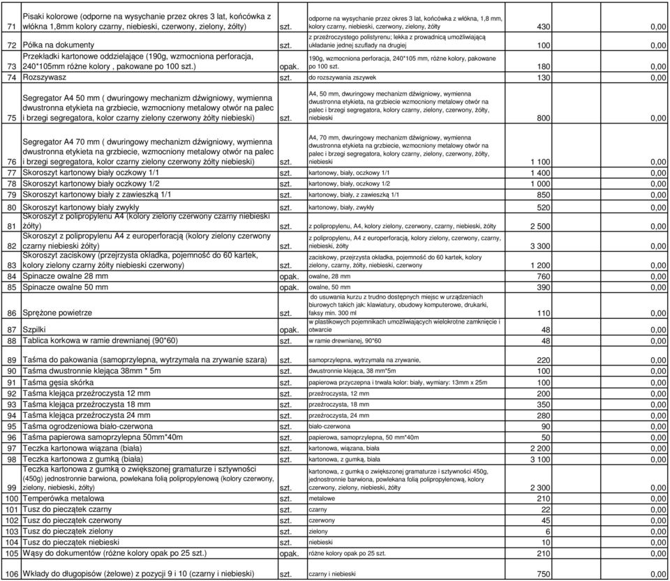 73 Przekładki kartonowe oddzielające (190g, wzmocniona perforacja, 240*105mm różne kolory, pakowane po 100 ) opak.