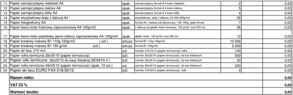 wizytówkowy, biały z fakturą, A4 200-250g/m2 55 0,00 15 Papier fotograficzny A4 opak format A4, matowy lub błyszczący, 140-190g, opak 50 ark.