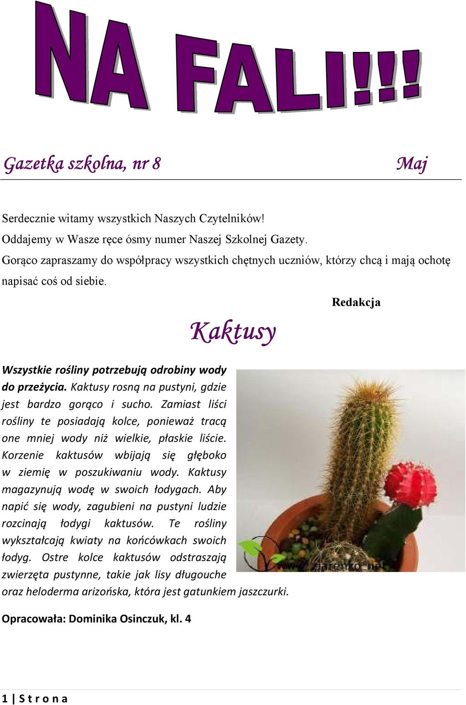 Kaktusy rosną na pustyni, gdzie jest bardzo gorąco i sucho. Zamiast liści rośliny te posiadają kolce, ponieważ tracą one mniej wody niż wielkie, płaskie liście.