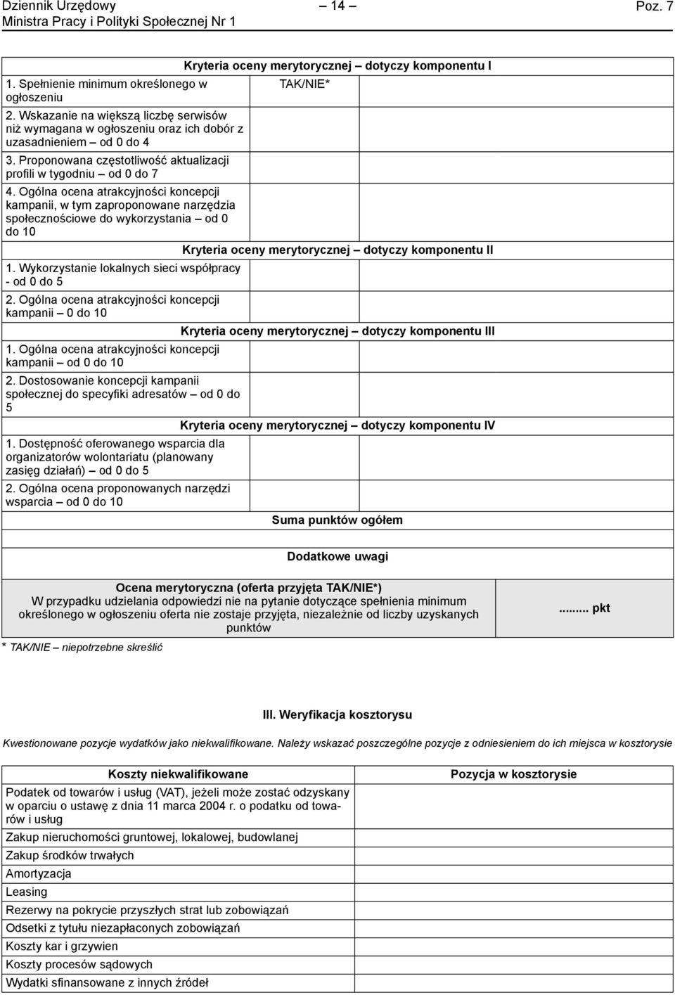 Ogólna ocena atrakcyjności koncepcji kampanii, w tym zaproponowane narzędzia społecznościowe do wykorzystania od 0 do 10 Kryteria oceny merytorycznej dotyczy komponentu II 1.