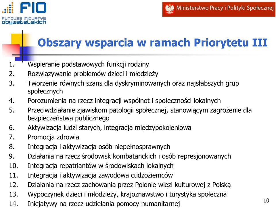 Przeciwdziałanie zjawiskom patologii społecznej, stanowiącym zagrożenie dla bezpieczeństwa publicznego 6. Aktywizacja ludzi starych, integracja międzypokoleniowa 7. Promocja zdrowia 8.