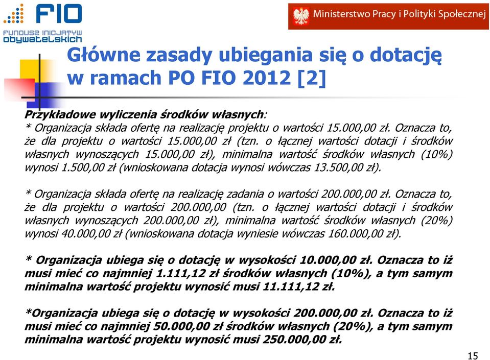 500,00 zł (wnioskowana dotacja wynosi wówczas 13.500,00 zł). * Organizacja składa ofertę na realizację zadania o wartości 200.000,00 zł. Oznacza to, że dla projektu o wartości 200.000,00 (tzn.