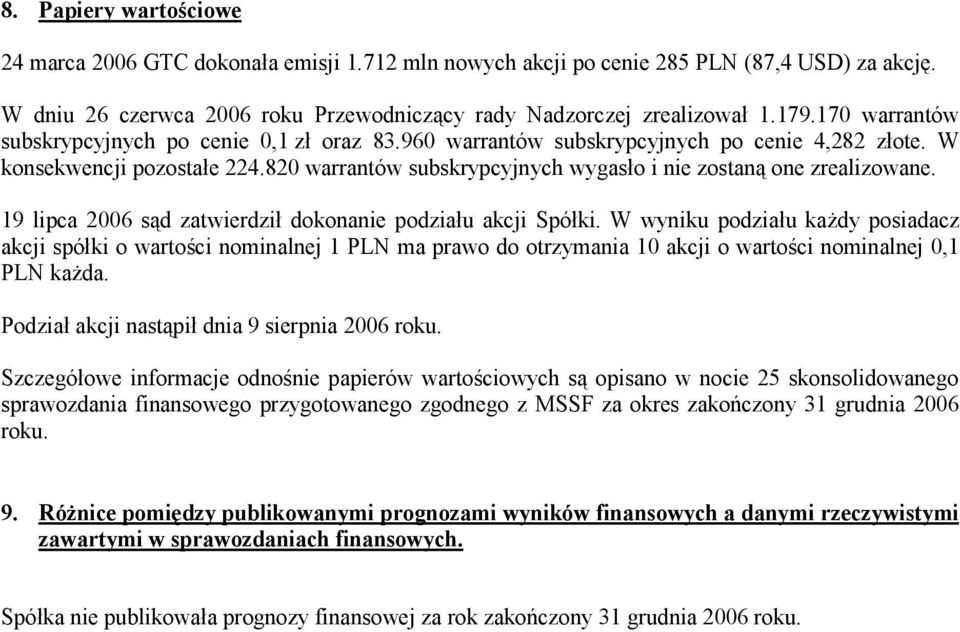 820 warrantów subskrypcyjnych wygasło i nie zostaną one zrealizowane. 19 lipca 2006 sąd zatwierdził dokonanie podziału akcji Spółki.