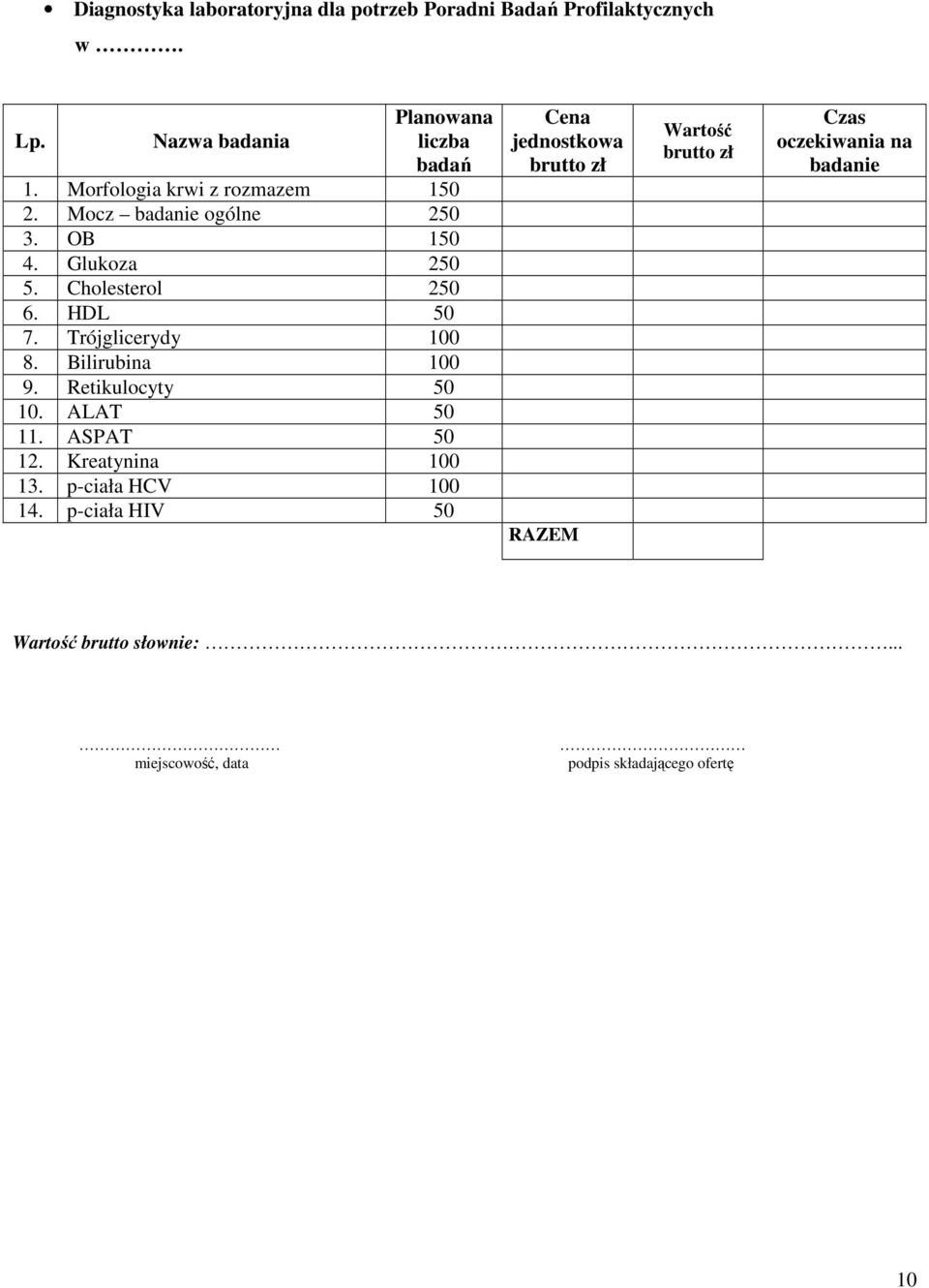 Trójglicerydy 100 8. Bilirubina 100 9. Retikulocyty 50 10. ALAT 50 11. ASPAT 50 12. Kreatynina 100 13.