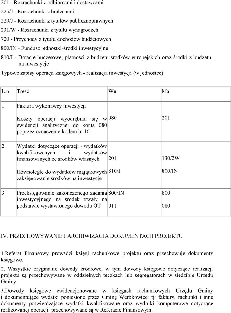 realizacja inwestycji (w jednostce) L.p. Treść Wn Ma 1. Faktura wykonawcy inwestycji Koszty operacji wyodrębnia się w 080 201 ewidencji analitycznej do konta 080 poprzez oznaczenie kodem in 16 2.