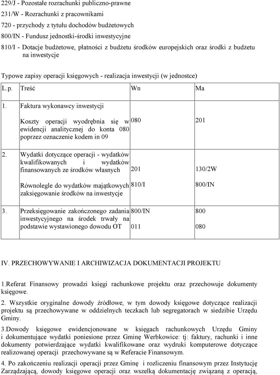 Faktura wykonawcy inwestycji Koszty operacji wyodrębnia się w 080 201 ewidencji analitycznej do konta 080 poprzez oznaczenie kodem in 09 2.