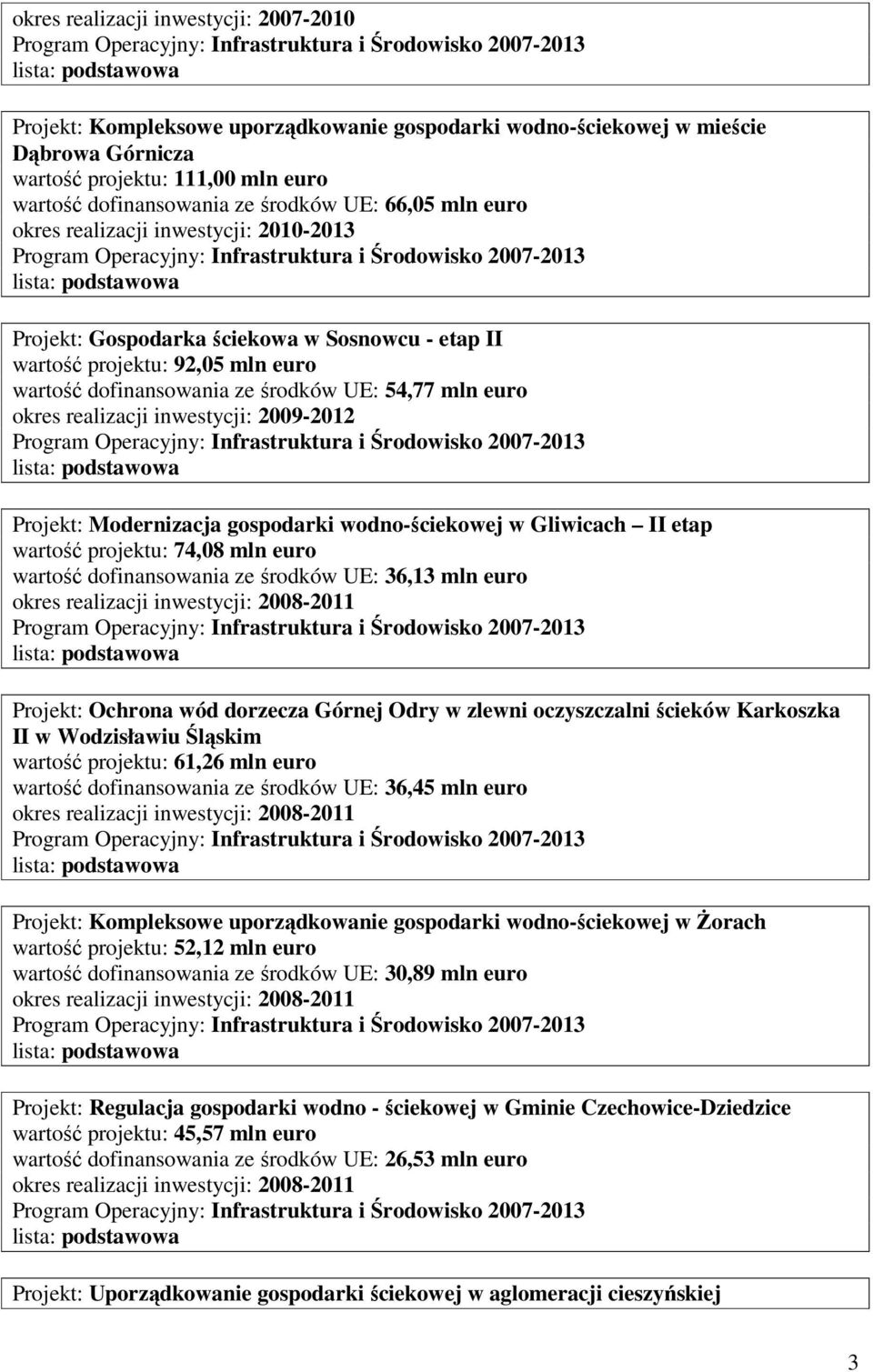 wodno-ściekowej w Gliwicach II etap wartość projektu: 74,08 mln euro wartość dofinansowania ze środków UE: 36,13 mln euro Projekt: Ochrona wód dorzecza Górnej Odry w zlewni oczyszczalni ścieków