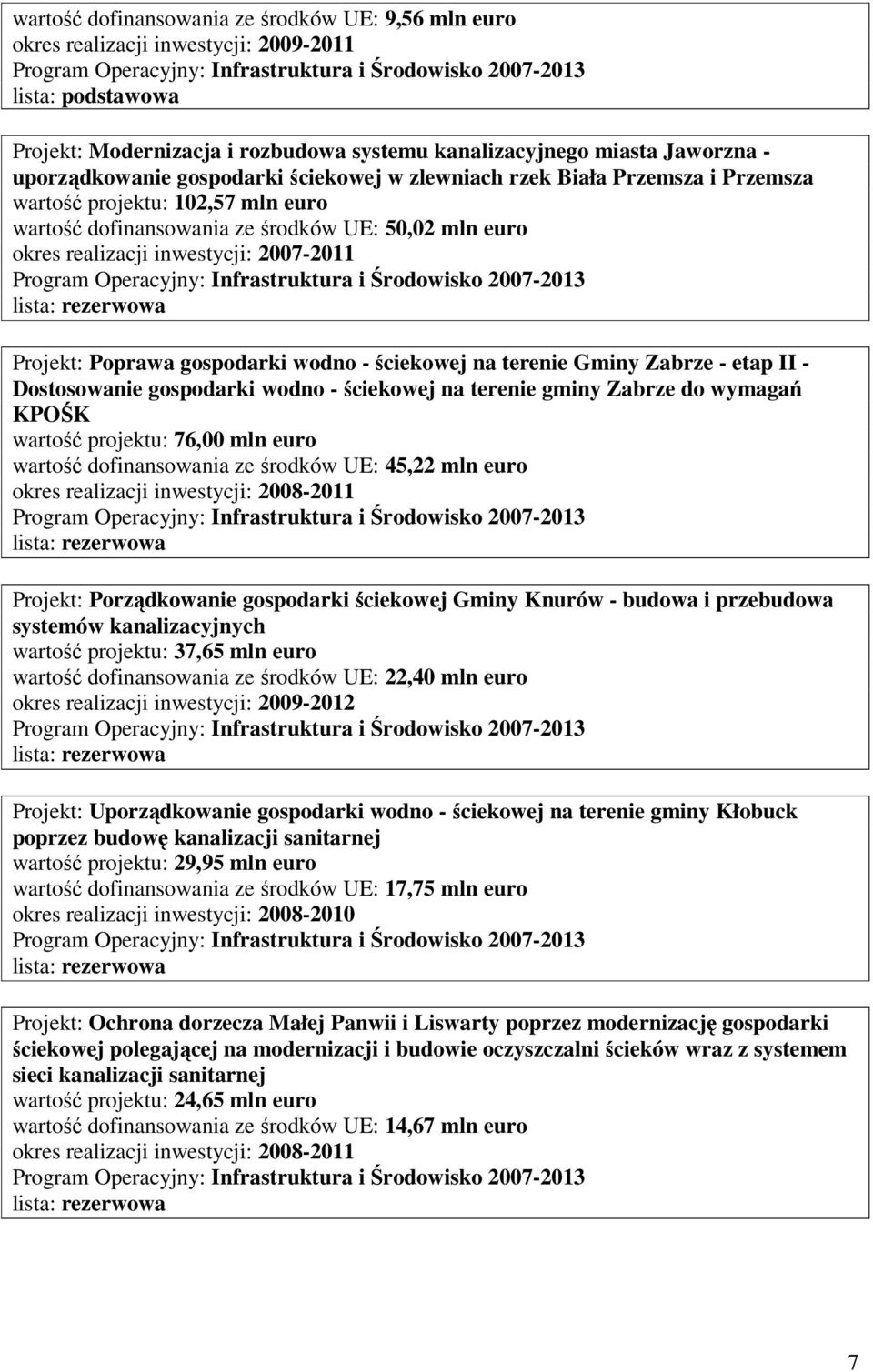 gospodarki wodno - ściekowej na terenie Gminy Zabrze - etap II - Dostosowanie gospodarki wodno - ściekowej na terenie gminy Zabrze do wymagań KPOŚK wartość projektu: 76,00 mln euro wartość