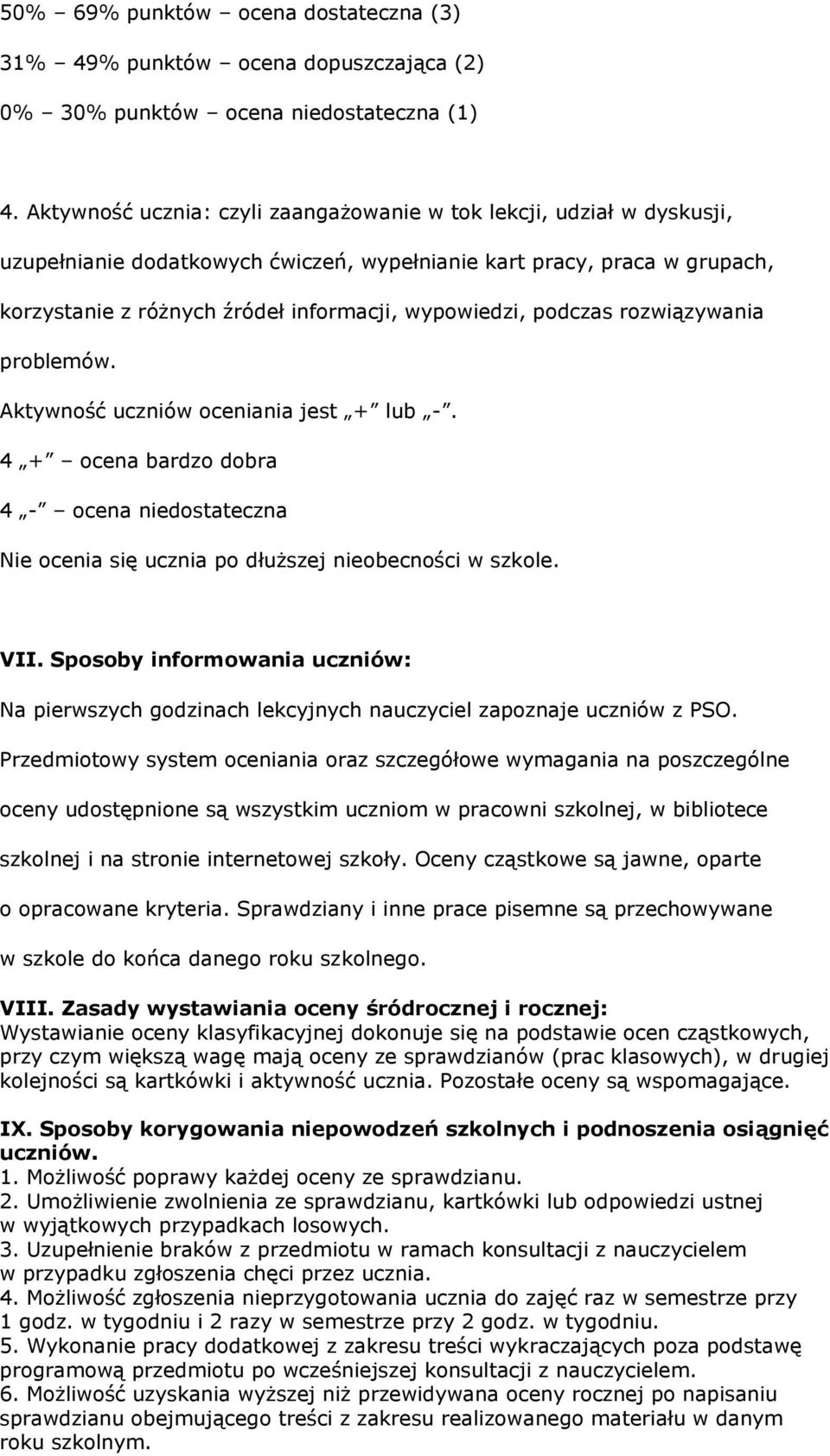 podczas rozwiązywania problemów. Aktywność uczniów oceniania jest + lub -. 4 + ocena bardzo dobra 4 - ocena niedostateczna Nie ocenia się ucznia po dłuższej nieobecności w szkole. VII.