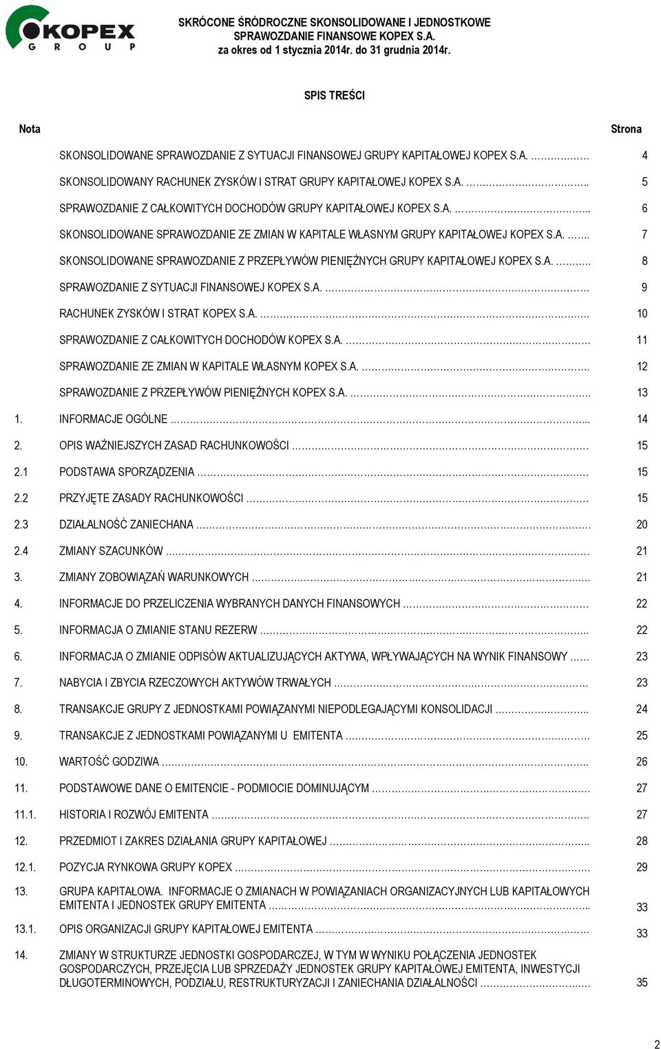 A. 9 RACHUNEK ZYSKÓW I STRAT KOPEX S.A... 10 SPRAWOZDANIE Z CAŁKOWITYCH DOCHODÓW KOPEX S.A. 11 SPRAWOZDANIE ZE ZMIAN W KAPITALE WŁASNYM KOPEX S.A.. 12 SPRAWOZDANIE Z PRZEPŁYWÓW PIENIĘŻNYCH KOPEX S.A... 13 1.