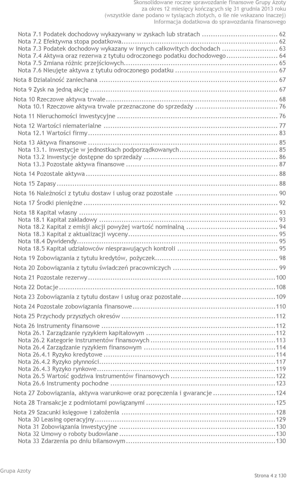 .. 67 Nota 9 Zysk na jedną akcję... 67 Nota 10 Rzeczowe aktywa trwałe... 68 Nota 10.1 Rzeczowe aktywa trwałe przeznaczone do sprzedaży... 76 Nota 11 Nieruchomości inwestycyjne.