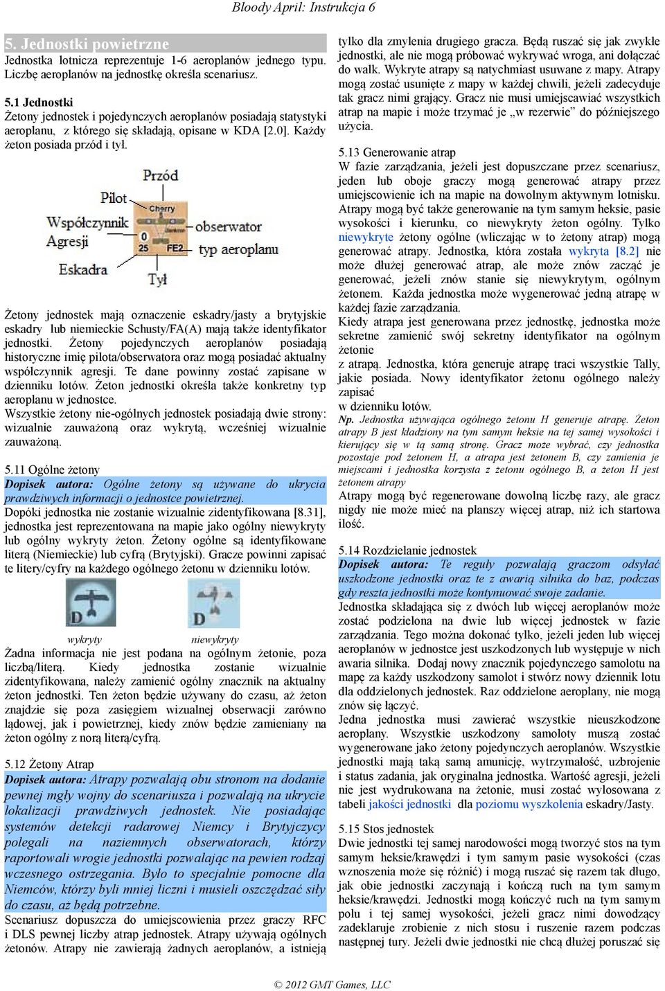 Żetony pojedynczych aeroplanów posiadają historyczne imię pilota/obserwatora oraz mogą posiadać aktualny współczynnik agresji. Te dane powinny zostać zapisane w dzienniku lotów.