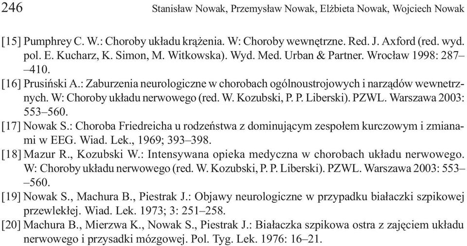 P. Liberski). PZWL. Warszawa 2003: 553 560. [17] Nowak S.: Choroba Friedreicha u rodzeñstwa z dominuj¹cym zespo³em kurczowym i zmianami w EEG. Wiad. Lek., 1969; 393 398. [18] Mazur R., Kozubski W.