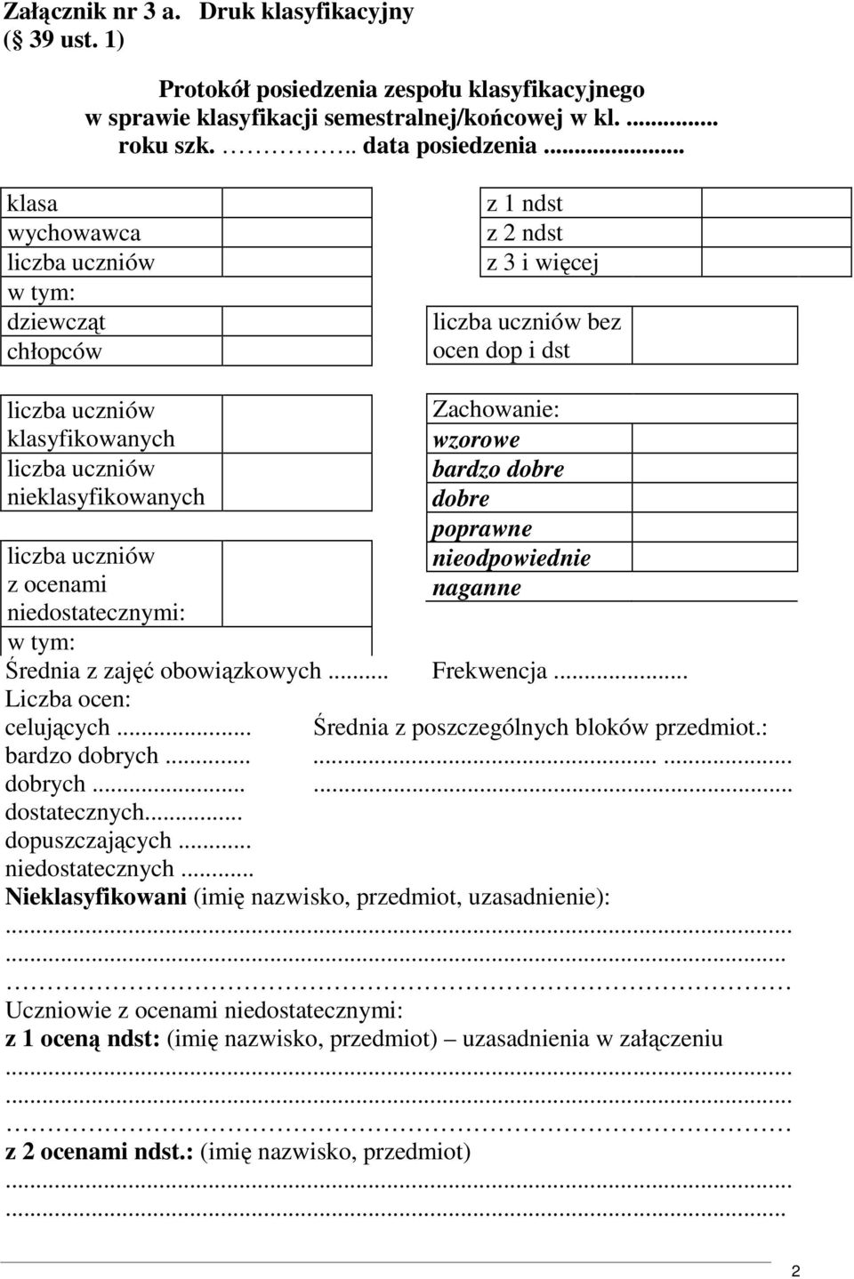 uczniów z ocenami niedostatecznymi: w tym: Zachowanie: wzorowe bardzo dobre dobre poprawne nieodpowiednie naganne Średnia z zajęć obowiązkowych... Frekwencja... Liczba ocen: celujących.